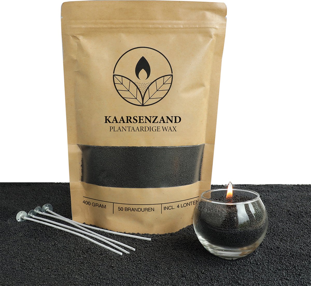 Comforder 400g Kaarsenzand Zwart - Burning Sand - Kaarsen Maken voor Volwassenen - 50 branduren - Met 4 lonten