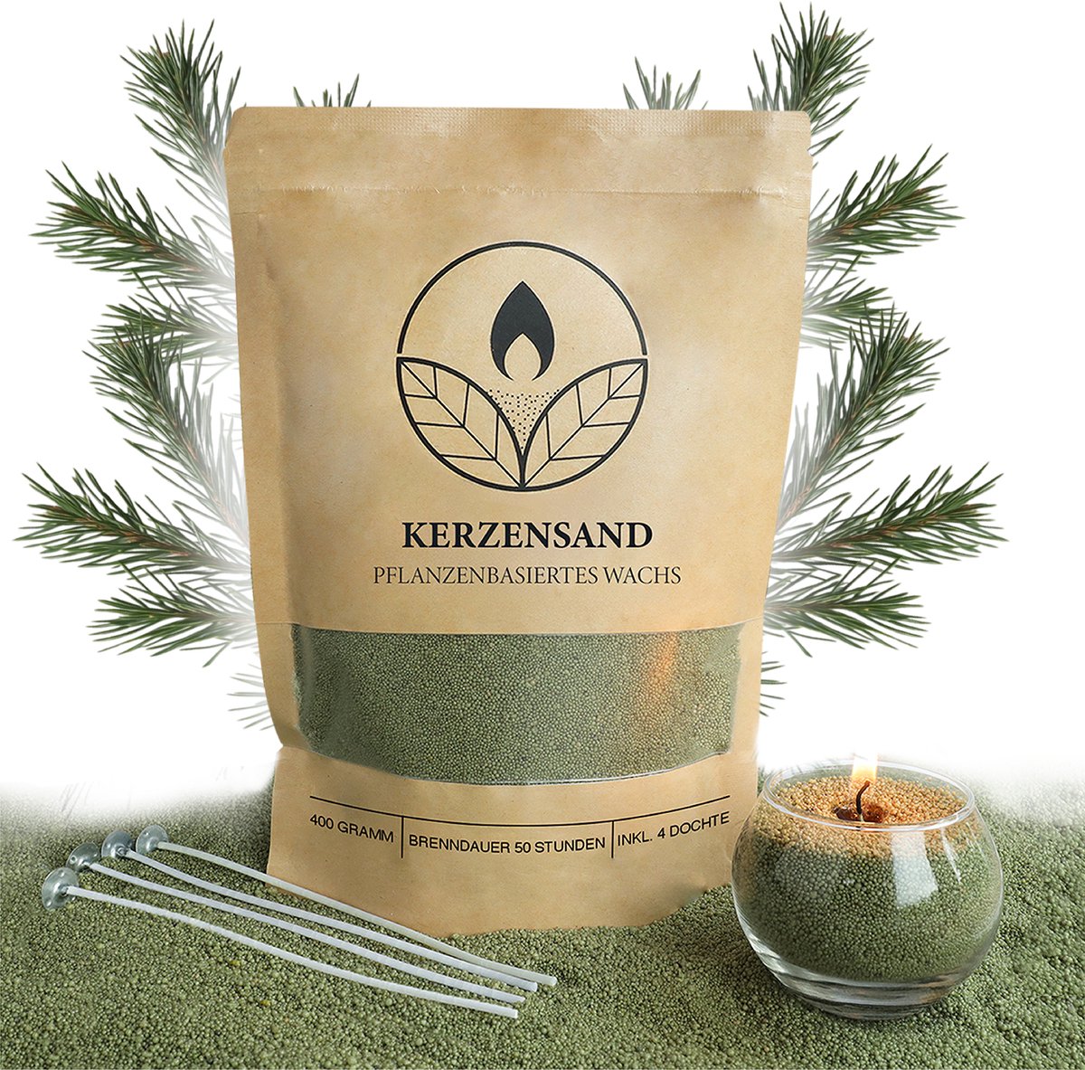 Comforder 400g Kaarsenzand met Geur Dennenboom - Burning Sand - Kaarsen Maken voor Volwassenen - 50 branduren - Met 4 lonten
