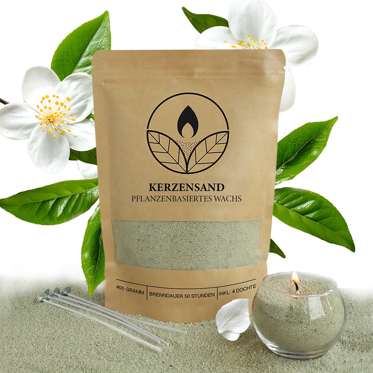 Comforder 400g Kaarsenzand met Geur Jasmijn - Burning Sand - Kaarsen Maken voor Volwassenen - 50 branduren - Met 4 lonten