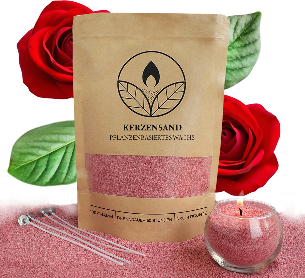 Comforder 400g Kaarsenzand met Geur Roos - Burning Sand - Kaarsen Maken voor Volwassenen - 50 branduren - Met 4 lonten