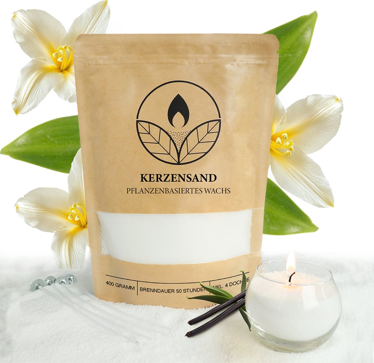 Comforder 400g Kaarsenzand met Geur Vanille - Burning Sand - Kaarsen Maken voor Volwassenen - 50 branduren - Met 4 lonten