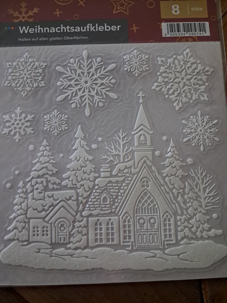 Crelando Kerst stickers 8 Stuks - Kerk - Sneeuwvlokken