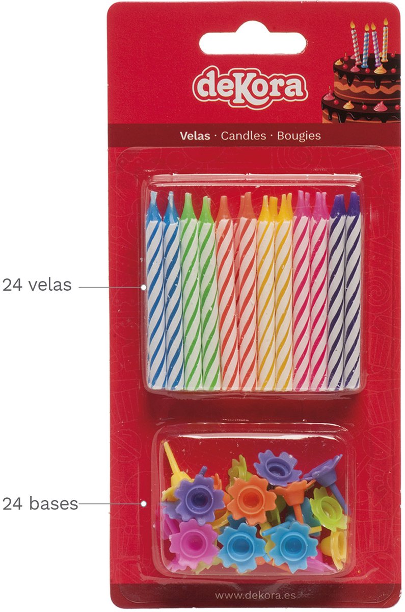 24 gekleurde verjaardags kaarsjes met houders