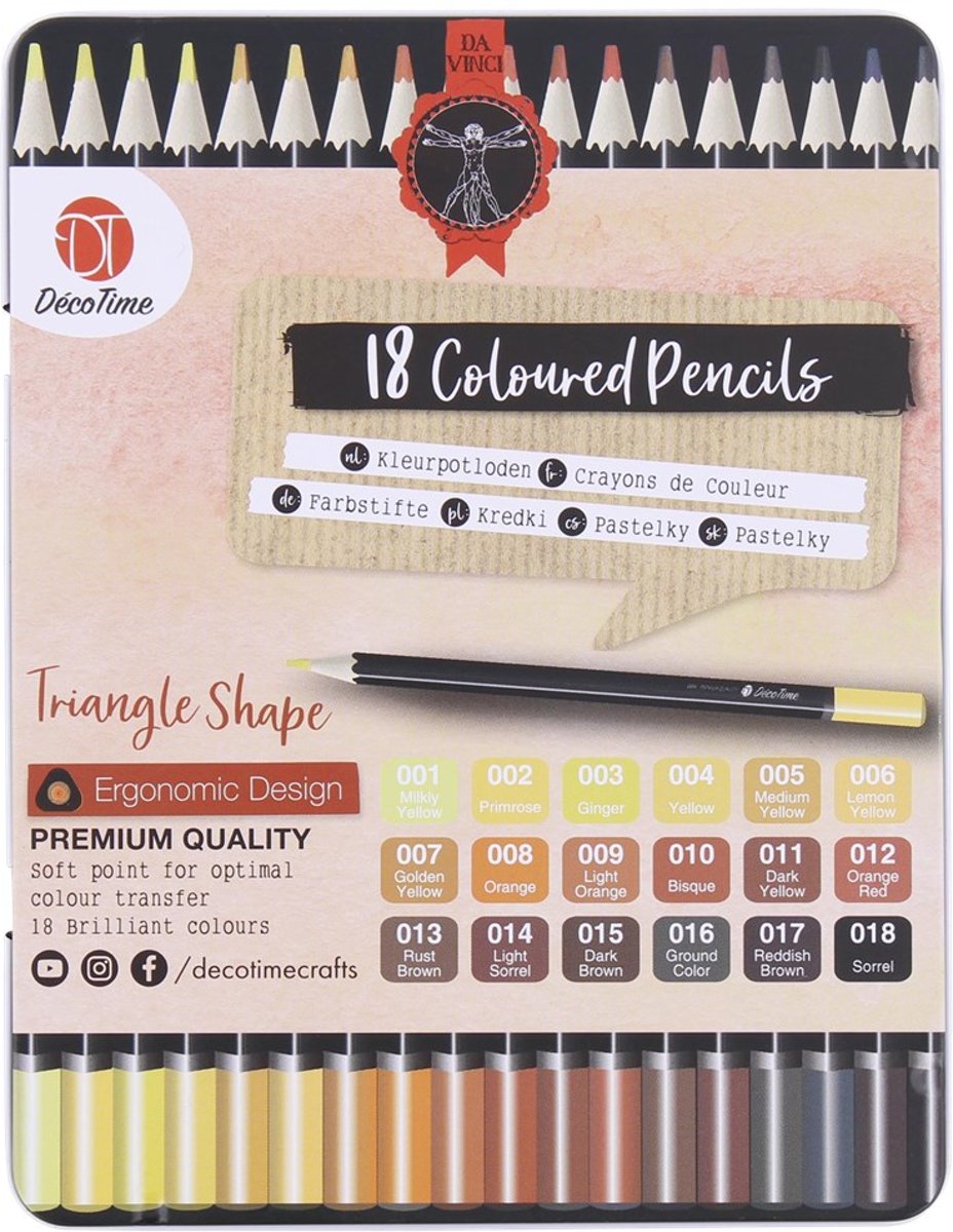18 Premium kleurpotloden in blik - Decotime - Soft point - Da Vinci - Bruin - Geel - Oranje Tinten