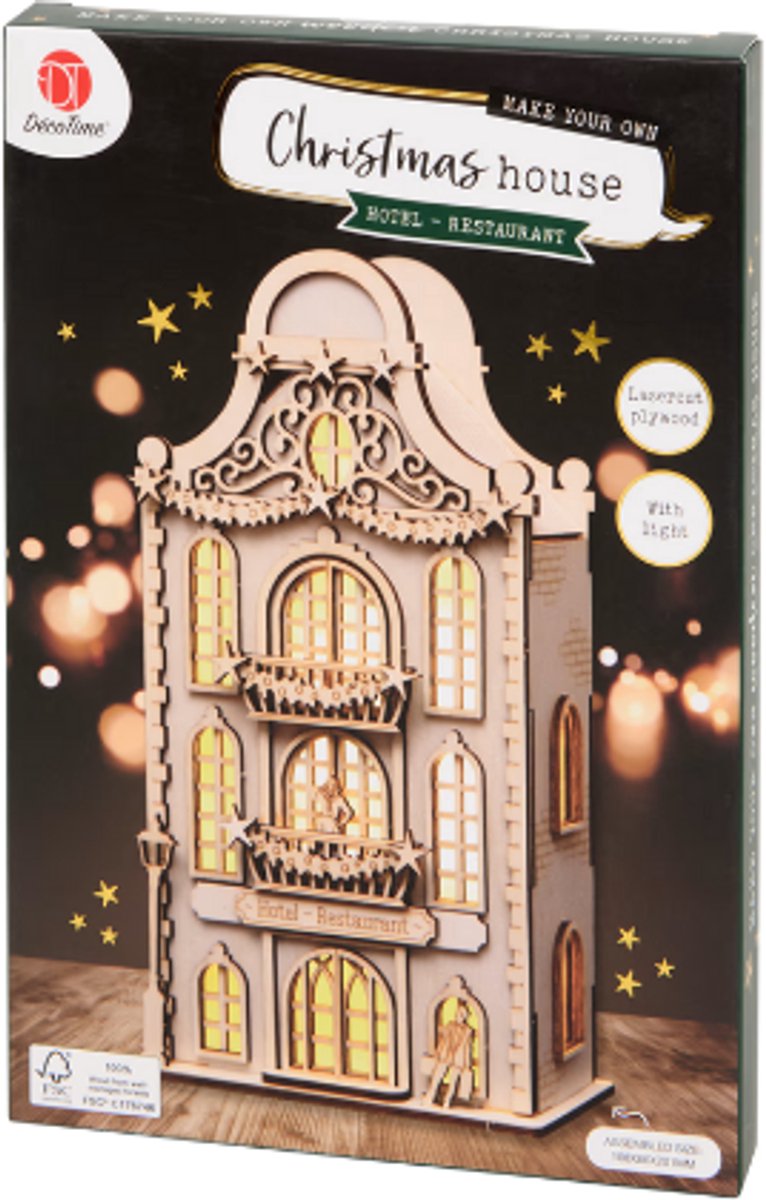 Kerst Knutselset Hotel-Restaurant - Houten 3D-Kerstlantaarn - 3D Kerst Lantaarn met Verlichting - Houten Kerstdecoratie - Kerstknutselen voor Kinderen