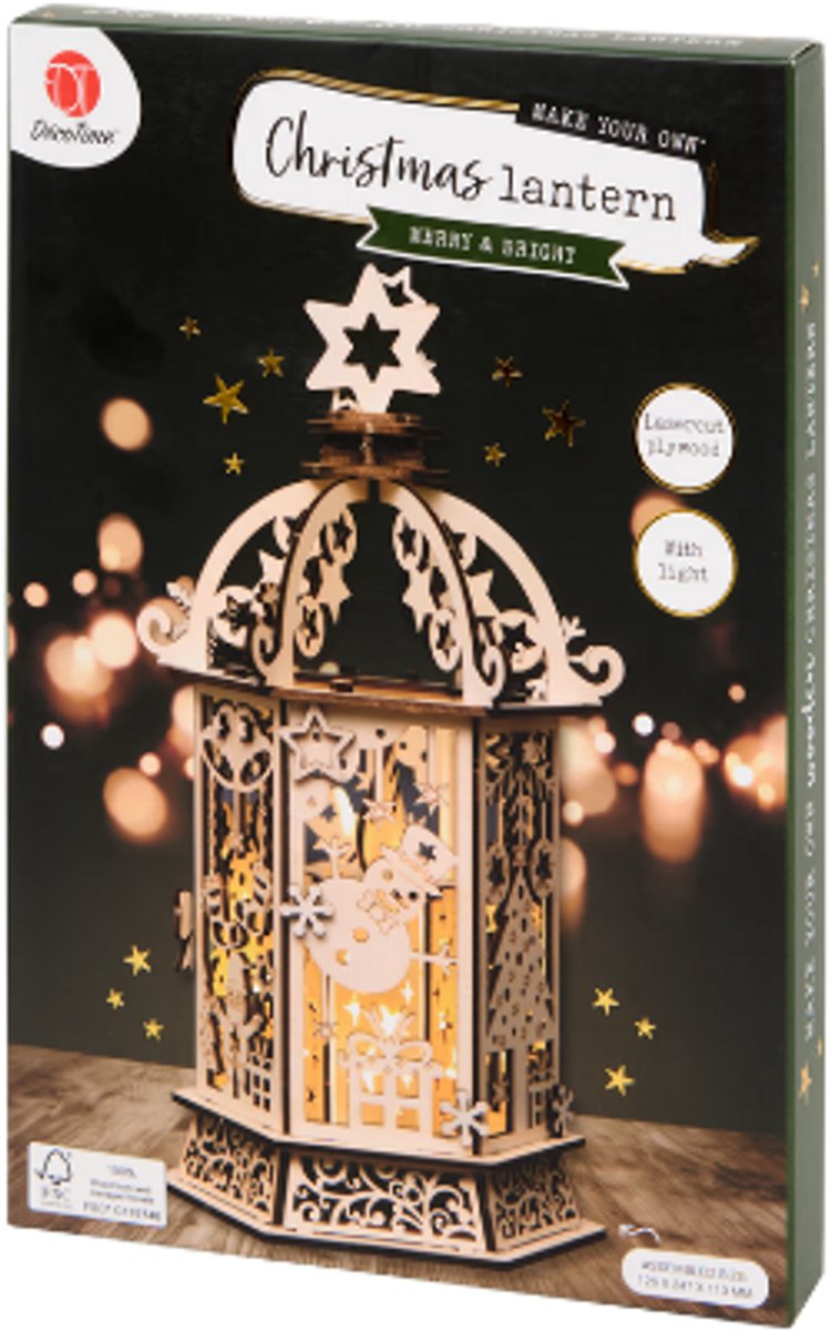 Kerst Knutselset Merry & Bright - Houten 3D-Kerstlantaarn - 3D Kerst Lantaarn met Verlichting - Houten Kerstdecoratie - Kerstknutselen voor Kinderen