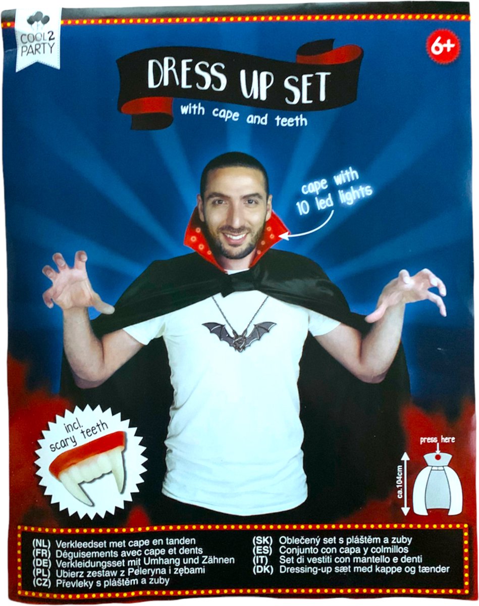 Dracula Verkleed Set voor volwassenen - Bevat een vampier cape met LED lampjes en dracula gebit