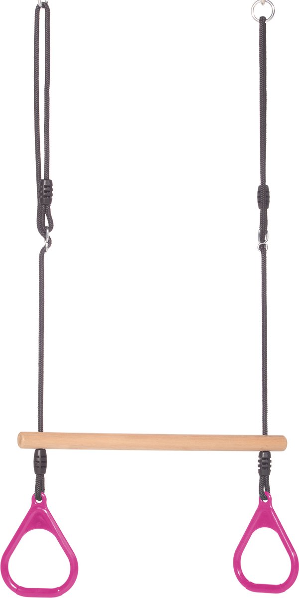 Dice - Houten Ringtrapeze met Kunststof Ringen Roze - Zwart Gevlochten Touw
