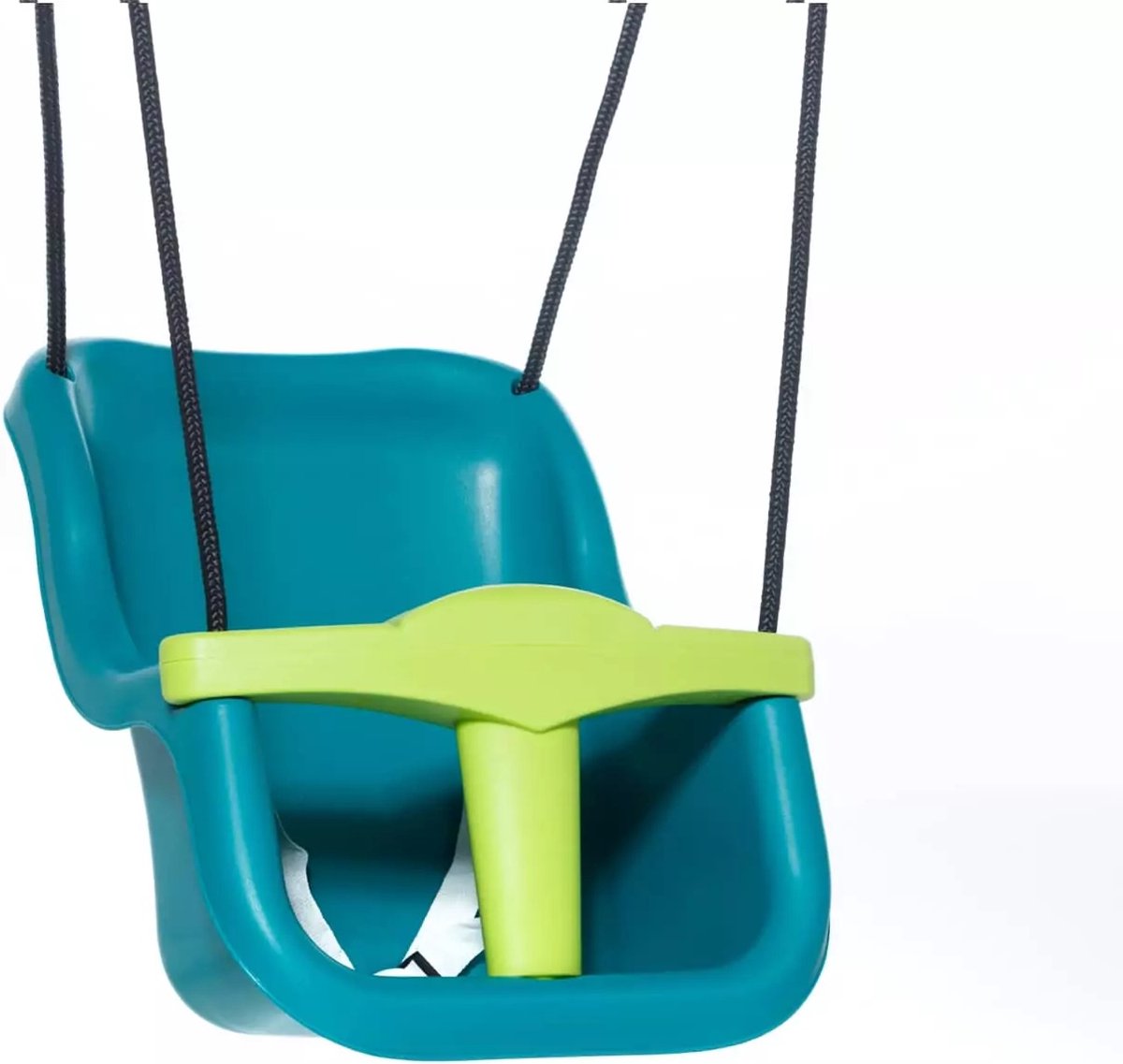 Kunststof Babyzitje Luxe Turquoise/Limegroen - Zwart Gevlochten Touw