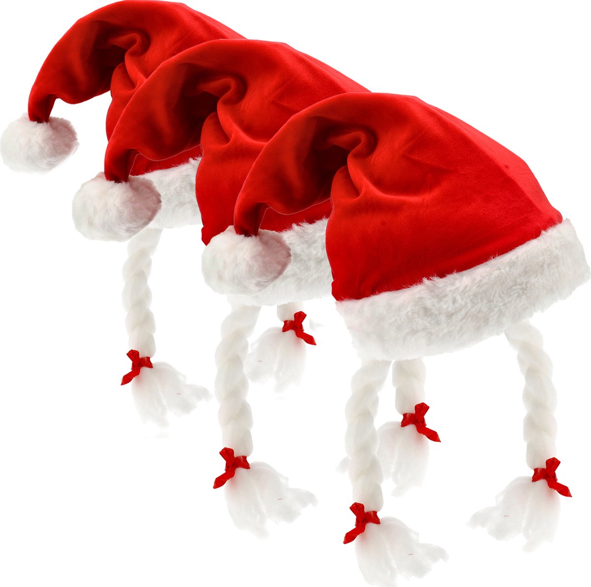 Kerstmuts - 3 Stuks Kerstcadeau - Kerstkleding 42x30 cm - Omtrek 61 cm - Rode Kerstmuts met Staart & Vlechten - Velvet Kerstmuts