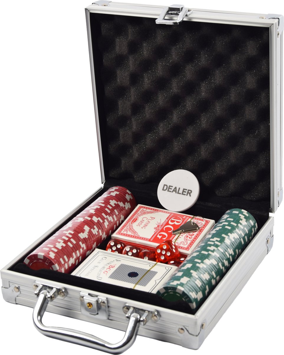 Poker set met aluminum koffer - 100 poker chips - pokerkoffer - 5 dobbelstenen