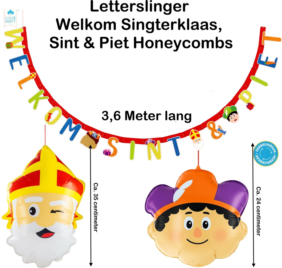 Sinterklaas Decoratieset – Welkom Sint & Piet – 2 Folieballonnen en 1 Slinger – Ca. 3,6 meter – Herbruikbaar