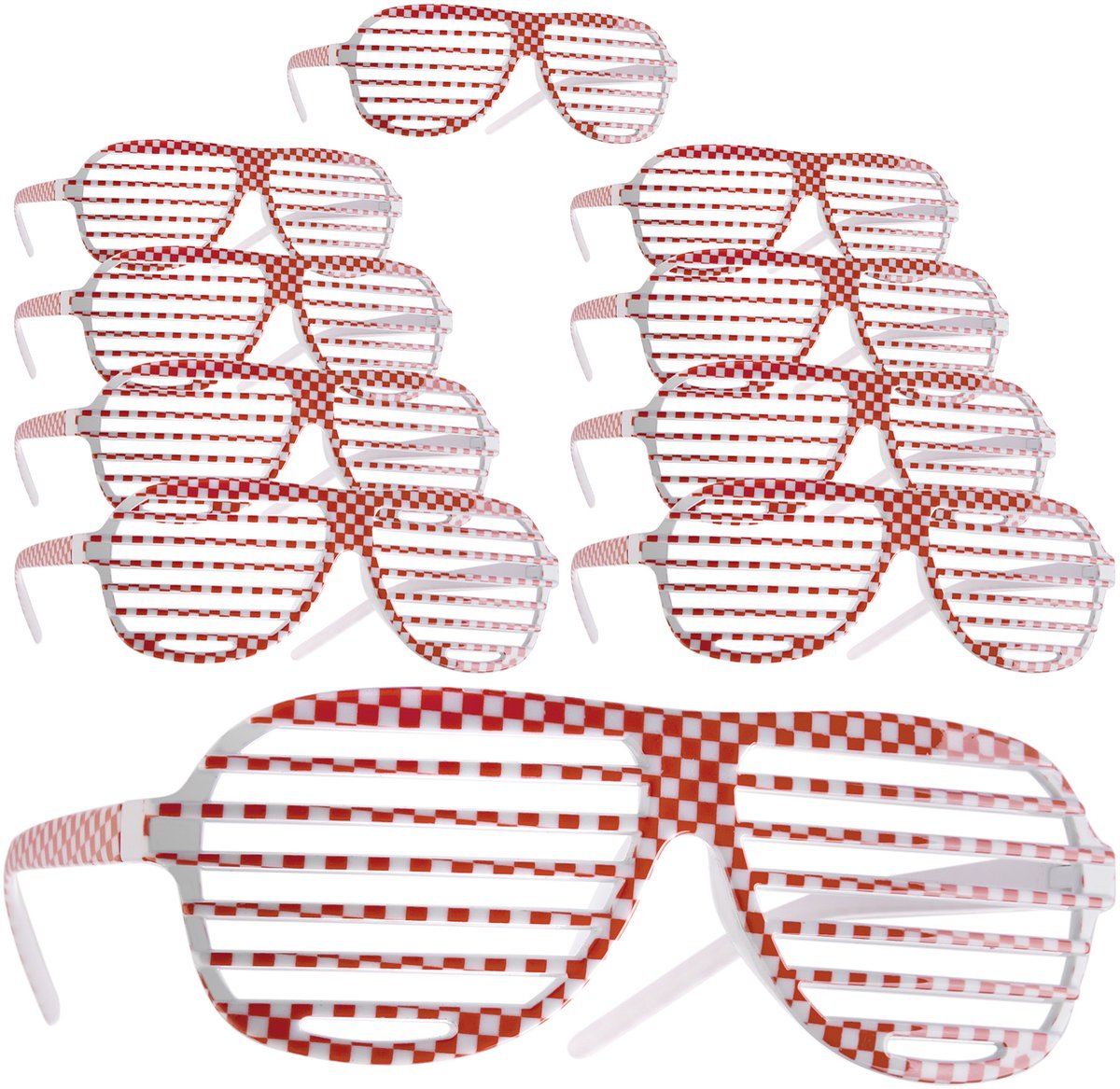 dressforfun - Partyroosterbril - rood / wit, Set van 10 - Verkleedkleding carnaval - Halloween -Verkleden - Feestkleding - Carnavalskleding - Feest - Partykleding
