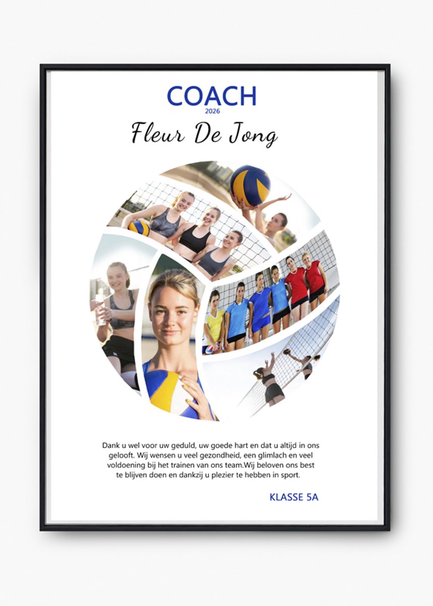 Gepersonaliseerde diploma voor volleybalcoach – uniek bedankcadeau-gelamineerde afwerking-A4 maat-gepersonaliseerde poster-gelamineerd diploma-docent lichamelijke opvoeding-volleybalmotief-gelamineerde oppervlak
