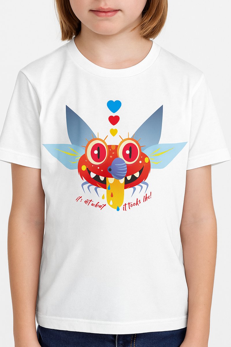 Kinder T-shirt met grappige print „It’s not what it looks like!” – WIT -maat S- JAAR 6-8-intense kleuren-biologisch katoen-monsteroverhemd-T-shirt met print