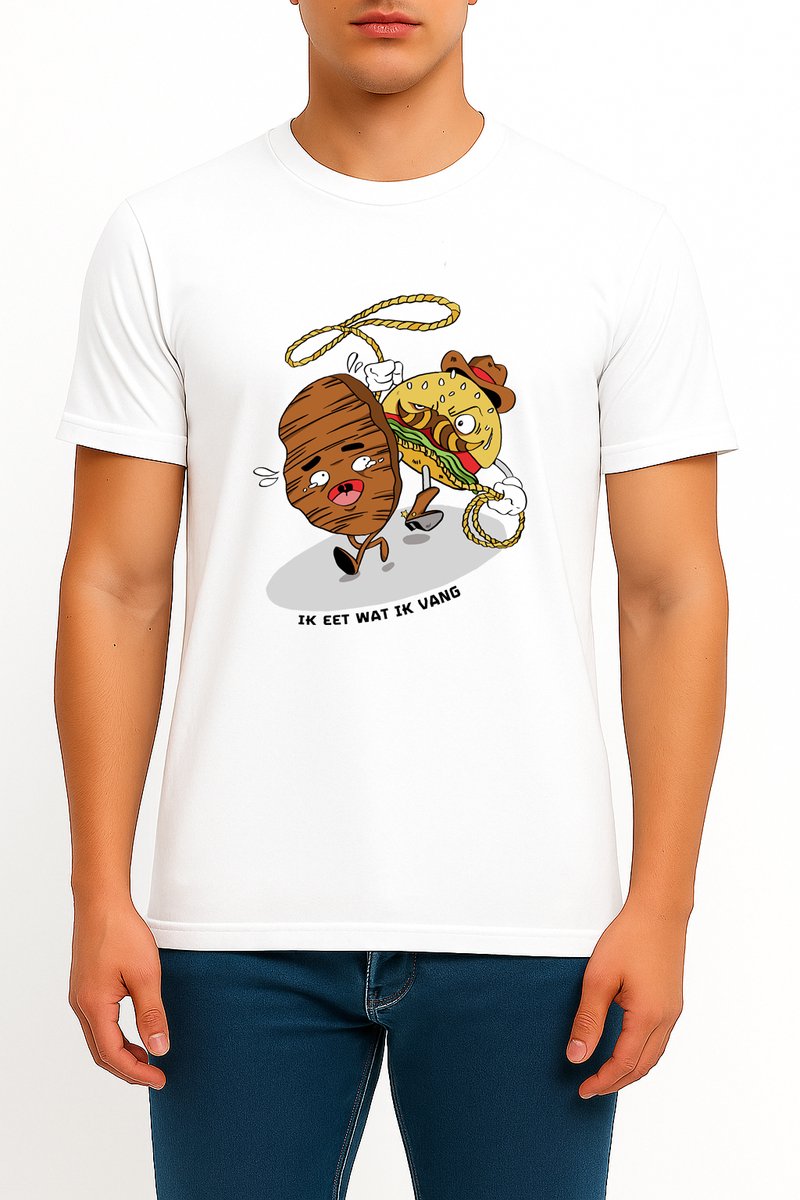 Wit unisex T-shirt met grappige hamburger- en kebabprint – gemaakt van hoogwaardige katoen-klassiek model-maat XL-Ik eet wat ik vang-zacht katoen-duurzame print
