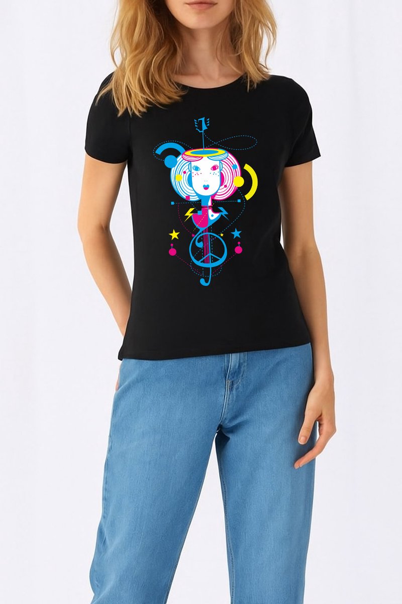 Zwart T-shirt met kleurrijke gitaarprint-Unisex T-shirt voor muziekliefhebbers en kunstfans-Mat M-T-shirt met muzikaal motief-voor haar-retro-t-shirt