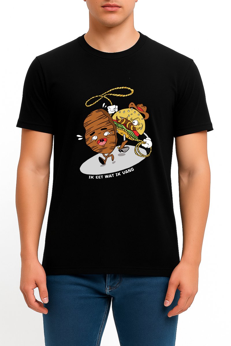 Zwart unisex T-shirt met grappige hamburger- en kebabprint – gemaakt van hoogwaardige katoen-klassiek model-maat XL-Ik eet wat ik vang-zacht katoen-duurzame print