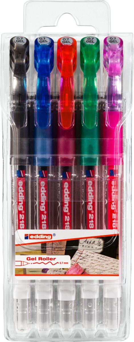 Gelrollers Edding 2185 set van 5 - zwart, rood, blauw, groen, roze