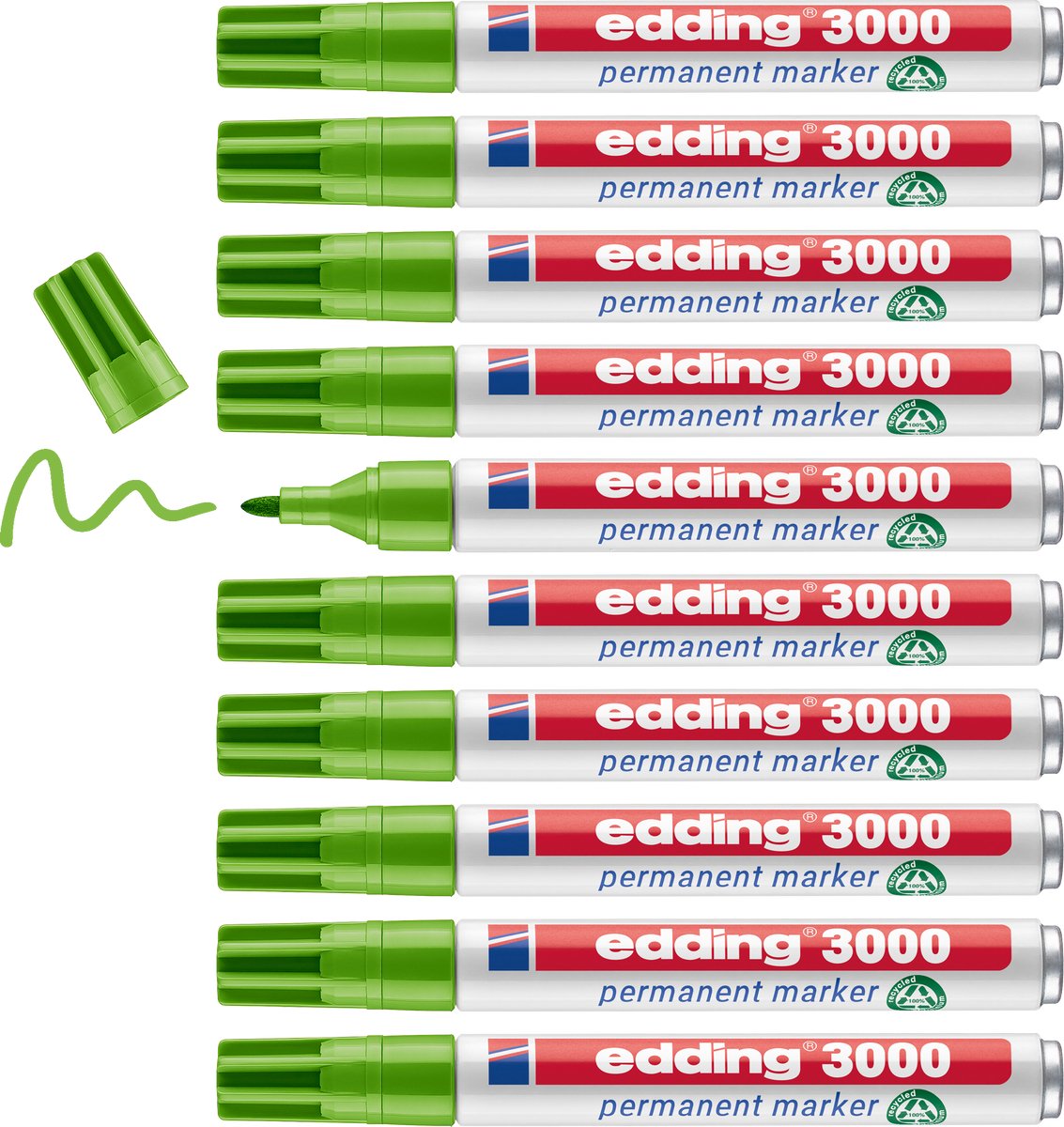 edding 3000 permanent marker - licht-groen - 10 stiften - ronde punt 1,5-3 mm - sneldrogende permanent marker - water- en wrijfvast - voor karton, kunststof, hout, metaal - universele marker