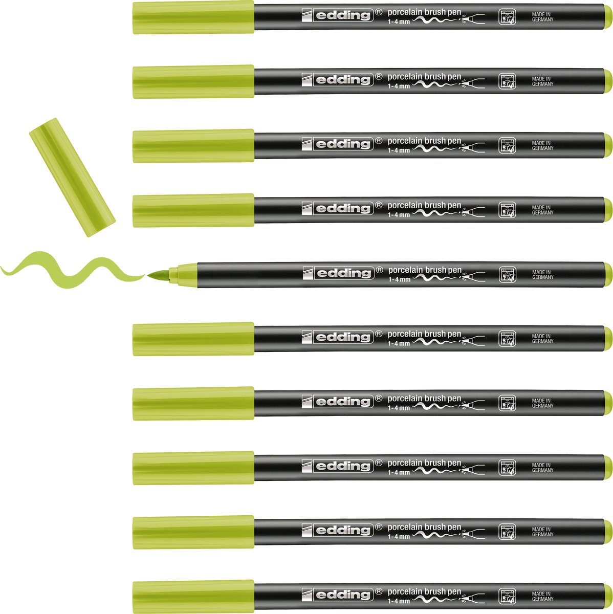 edding 4200 porseleinstift - geelgroen - 10 pennen - penseelpunt 1-4 mm - viltstift voor het schilderen en decoreren van keramiek, porselein - vaatwasmachinebestendig, lichtechte inkt, sneldrogend