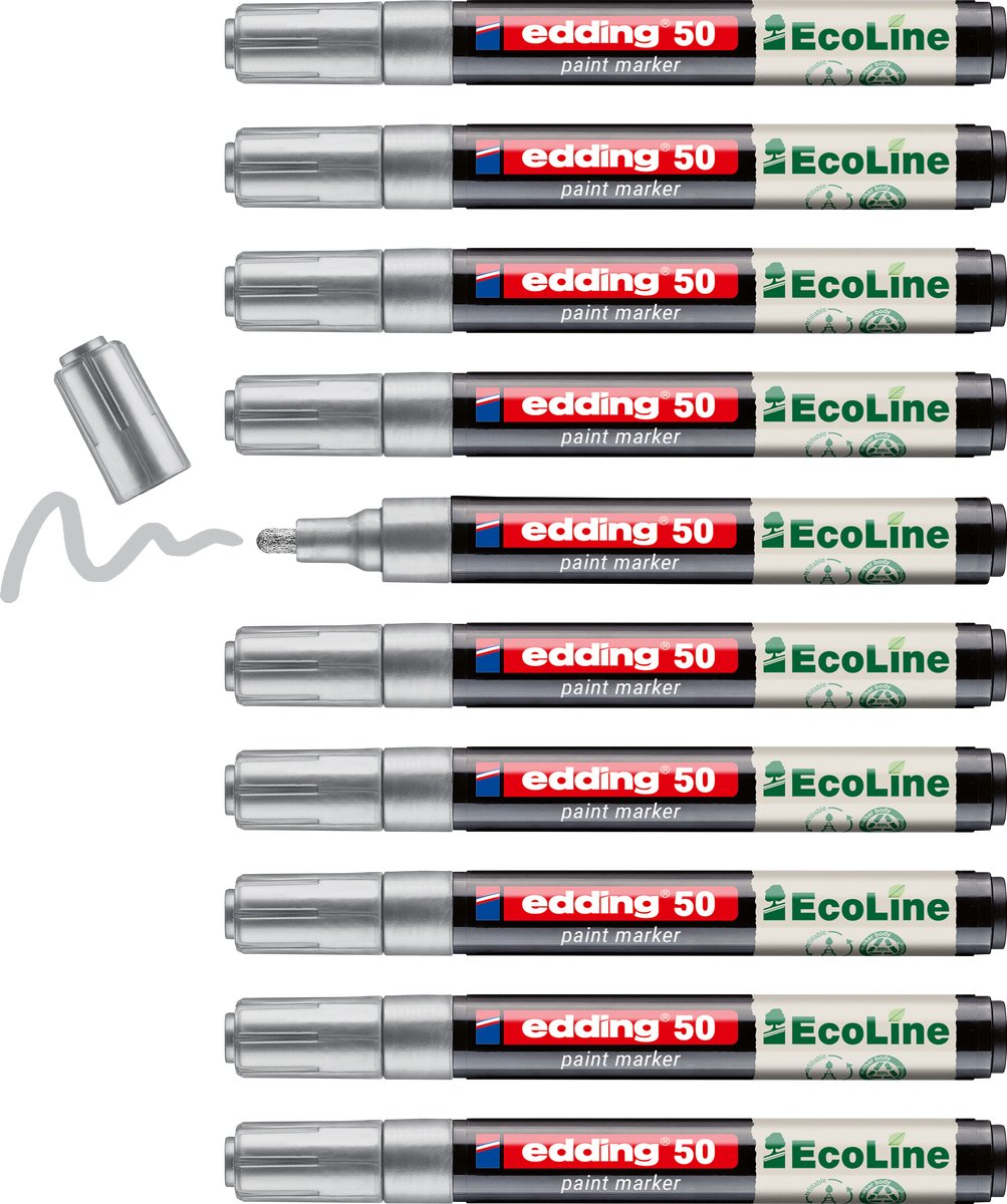 edding 50 EcoLine verfstift op waterbasis zilver 10 stuks - ronde punt 2-3 mm - lakmarker met laag VOS-gehalte - navulbaar - geschikt voor o.a. gladde, donkere en transparante oppervlaktes