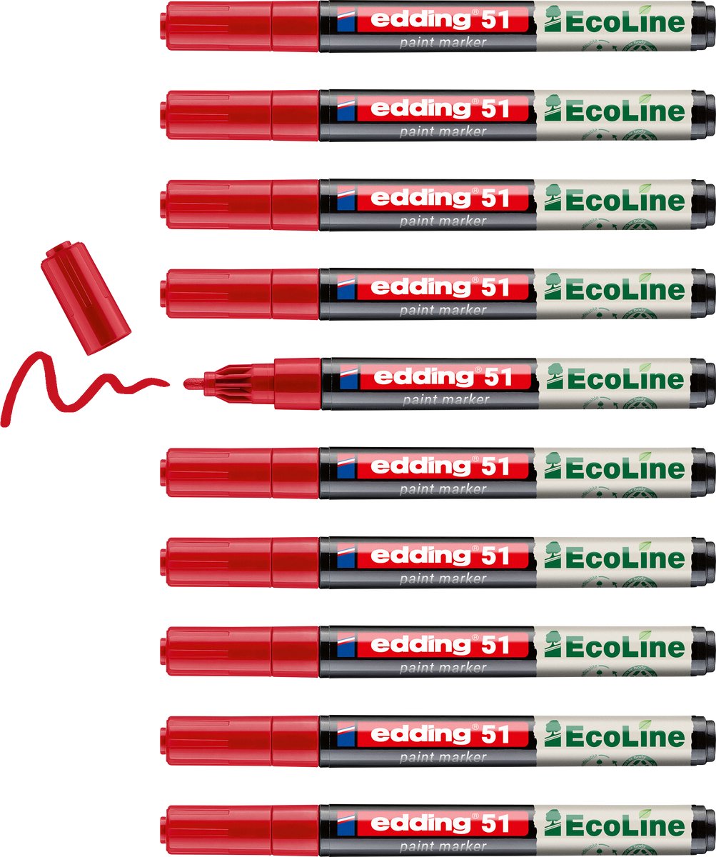 edding 51 EcoLine lakmarker op waterbasis rood 10 stuks - ronde punt 1-2 mm- laag VOS-gehalte - navulbaar - geschikt voor o.a. gladde, donkere en transparante oppervlaktes