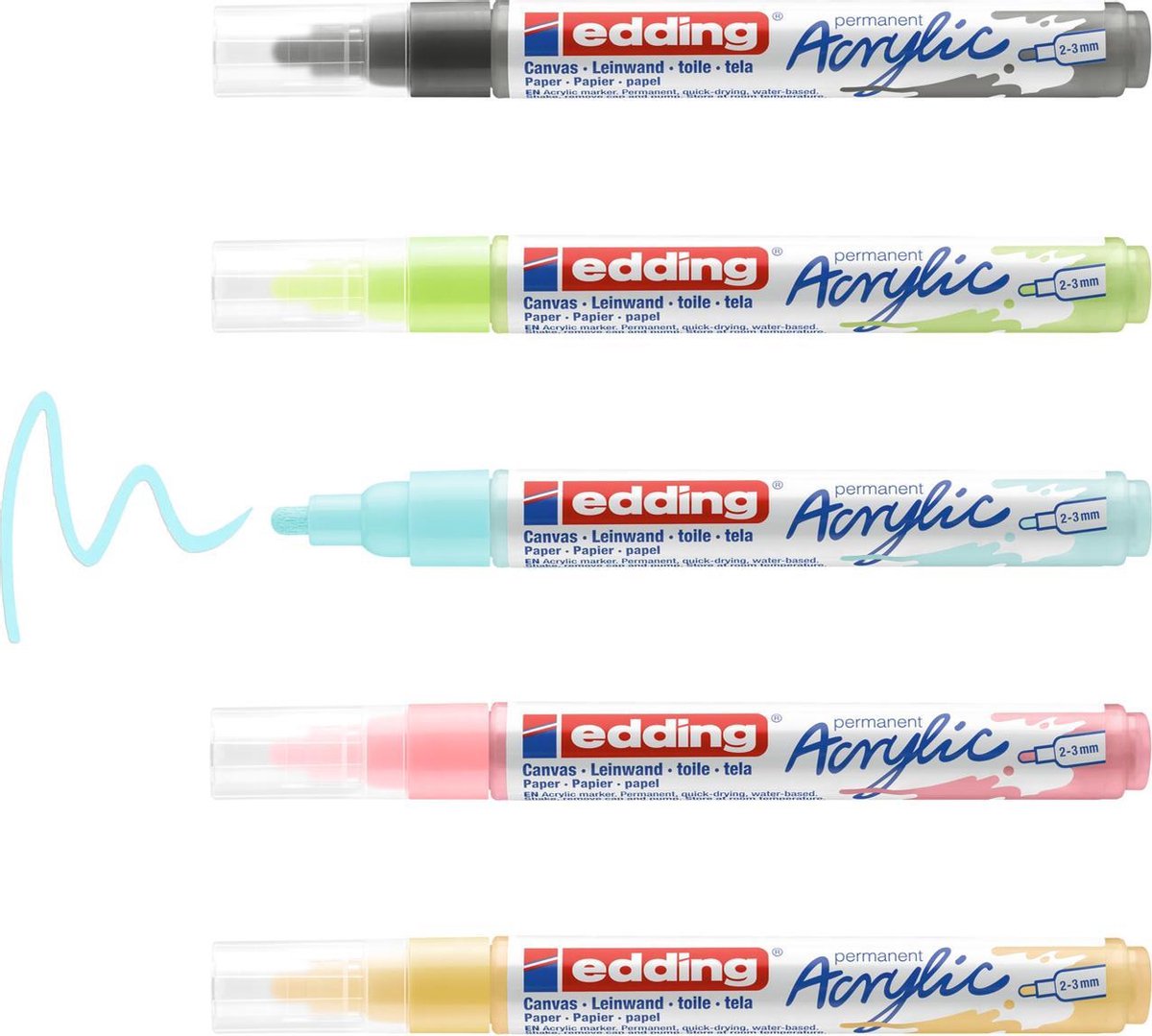 edding 5100 acrylmarker medium - set met 5 acrylkleuren (pastel): grijs, bleekrood, geel, blauw, groen - medium ronde punt, 2-3 mm