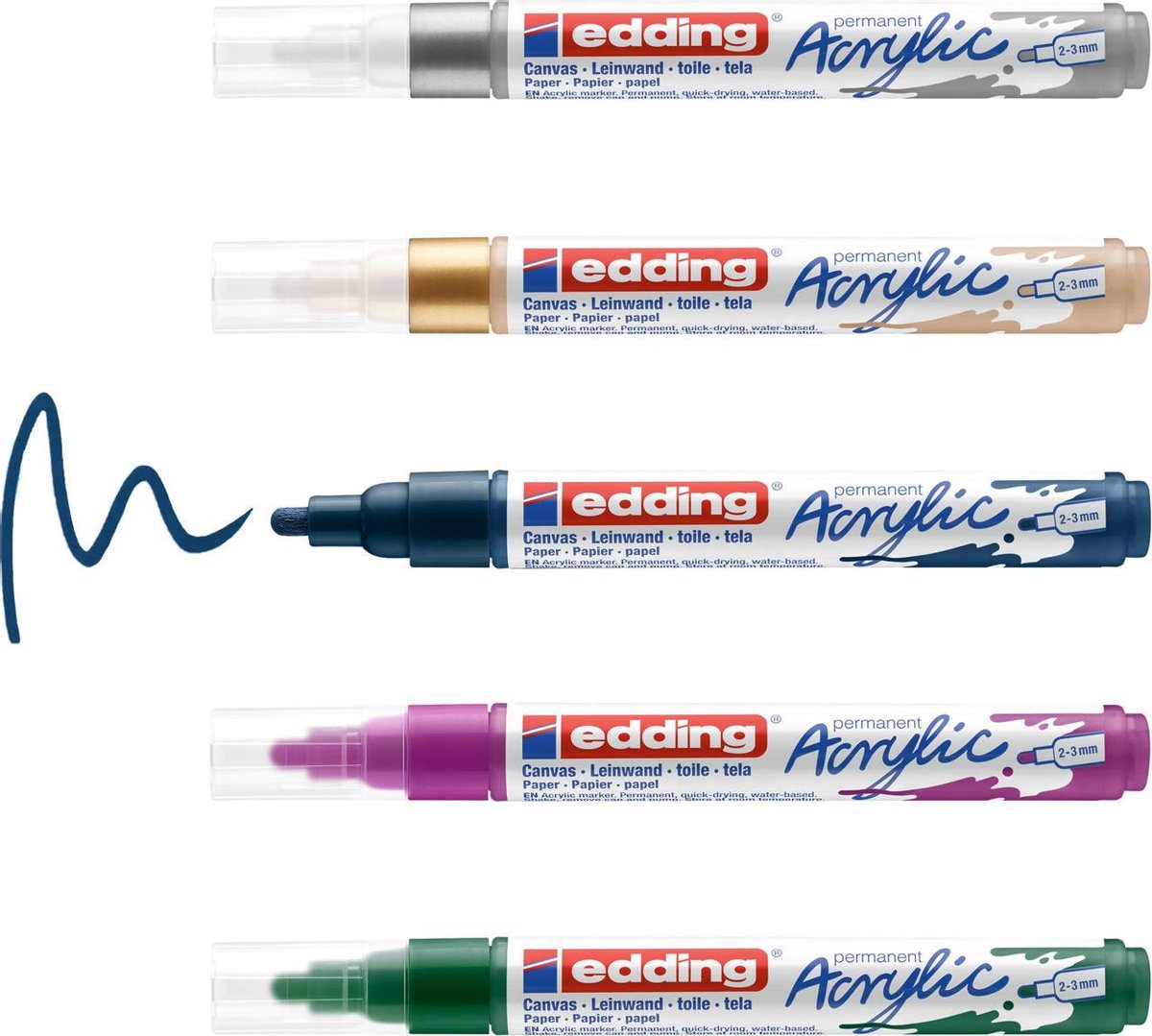 edding 5100 acrylmarker medium -set met 5 acrylkleuren (feestelijk): groen, paars, blauw, zilver, goud - medium ronde punt, 2-3 mm