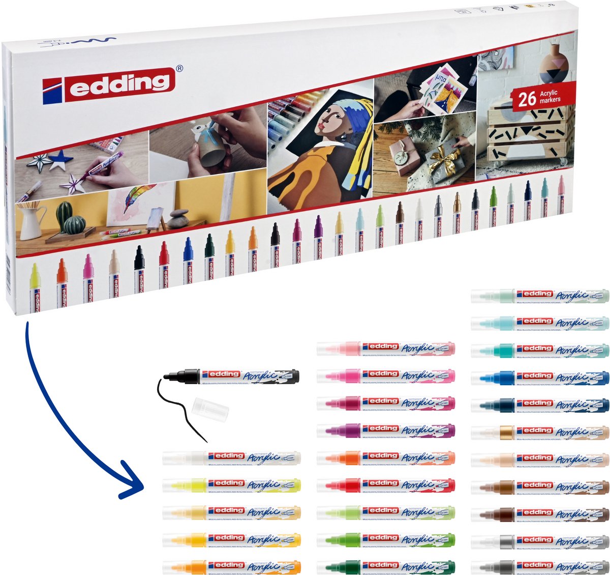 edding 5100 acrylstiften medium 26 kleuren in bewaardoos – alle 26 kleuren acrylic markers set - watervast - medium ronde punt 2-3 mm - DIY - acrylverf voor schilderen op canvas, hobbypapier en hout - acrylstiften voor stenen, terracotta
