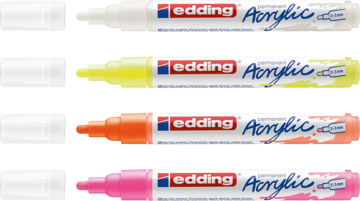 edding 5100 acrylstiften medium – neon en wit kleuren set - 4 acrylstiften, watervast - medium ronde punt 2-3 mm - DIY - acrylverf voor schilderen op canvas, hobbypapier en hout - acrylstiften voor stenen, terracotta