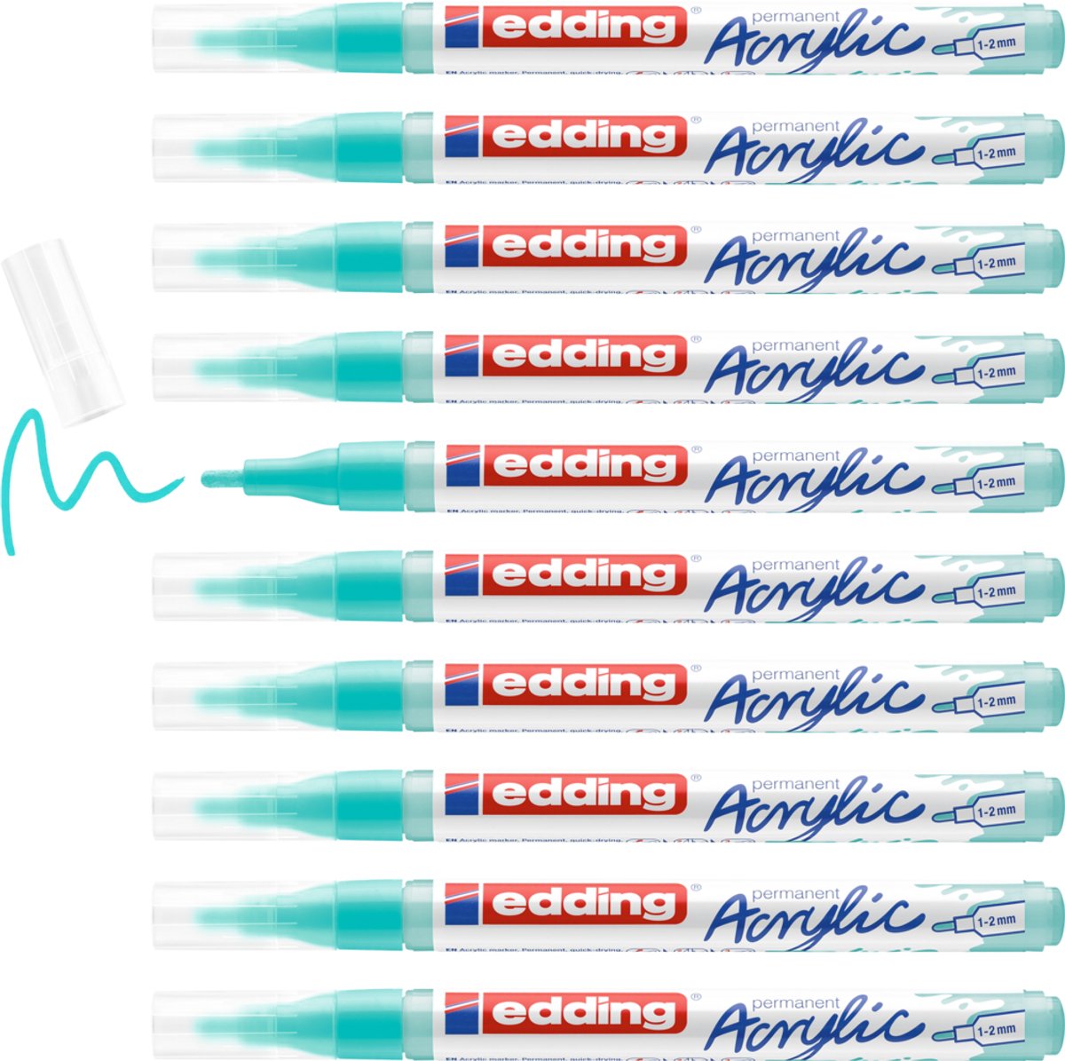 edding 5300 acrylmarker opulent turquoise mat 10 stuks – fijne ronde punt 1-2 mm – hoogdekkende en lichtechte verfmarker voor canvas, hout & steen