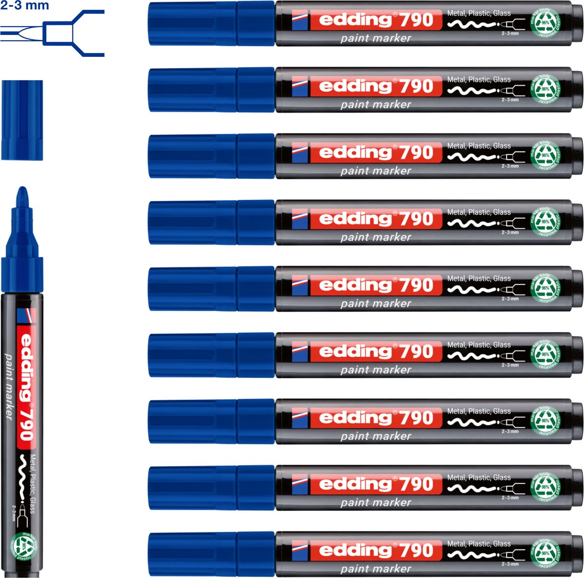 edding 790 lakmarker blauw 10 stuks - ronde punt 2-3 mm - verfstift voor veel verschillende ondergronden - goed zichtbaar op transparante en donkere ondergronden