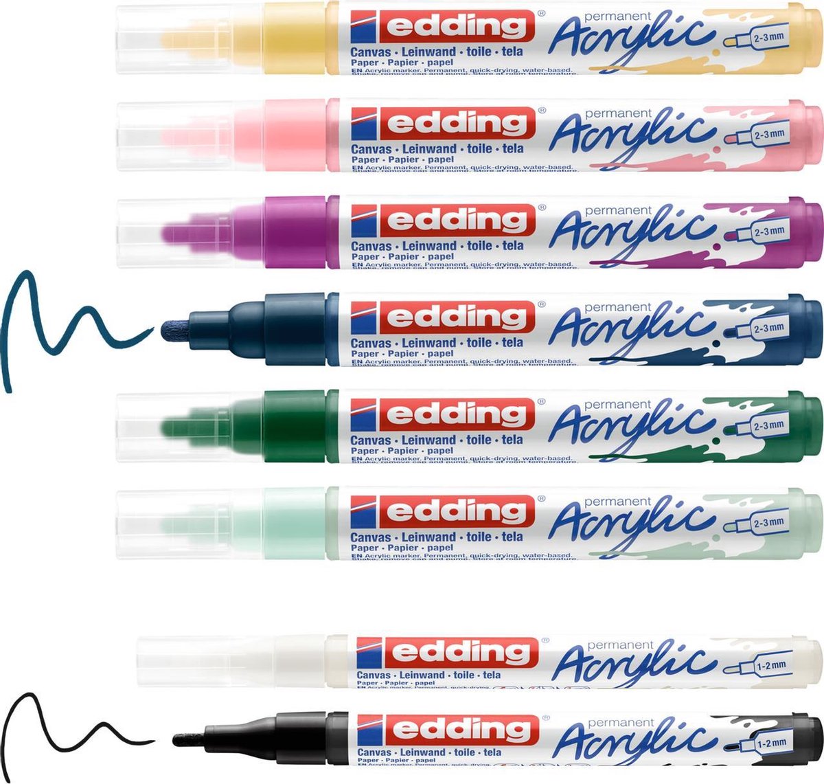 edding Start Easy Set - acrylverf starterset 8 stuks (scandinavisch): acryl verfstiften, watervast, fijn en medium, incl. set briefkaarten