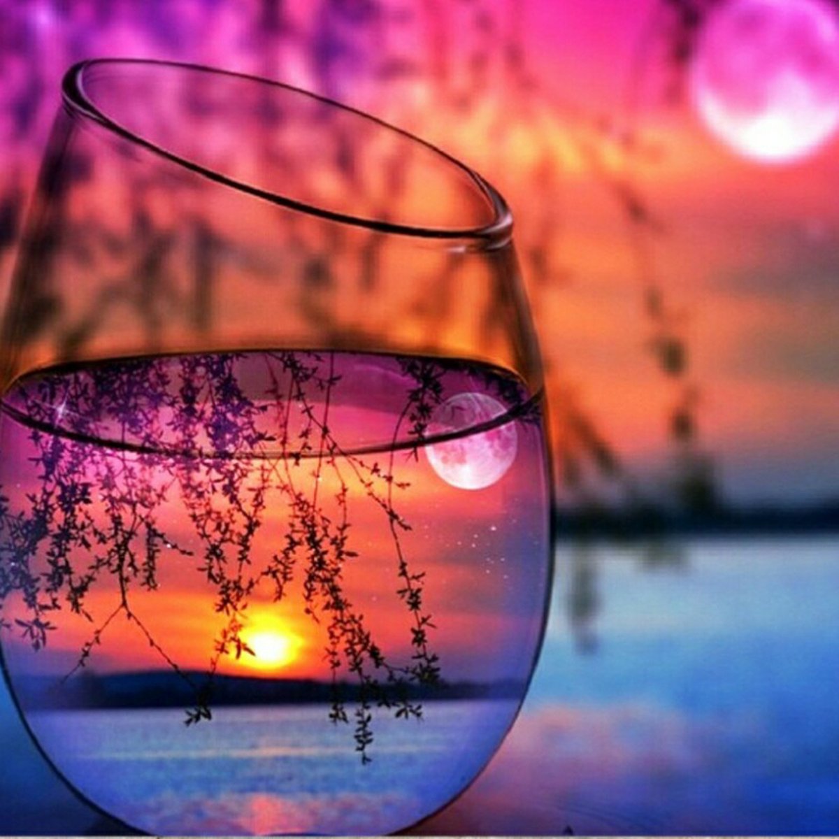 Diamond Painting Zonsondergang in een glas 50 x 50 cm ronde steentjes