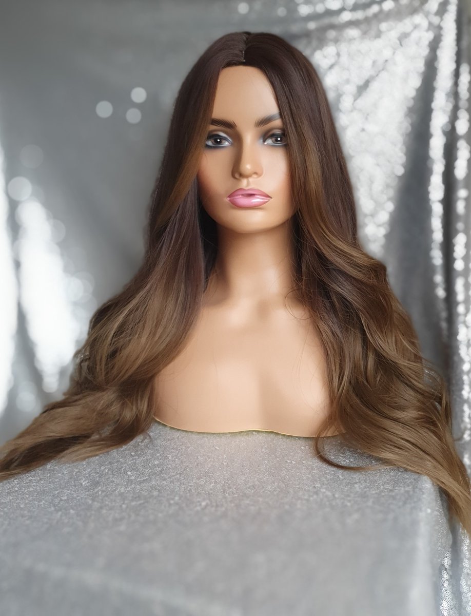 Luxe pruik-dames- ombre bruin - lang haar- slag - krullen en stijlen tot 160 graden - hoge kwaliteit