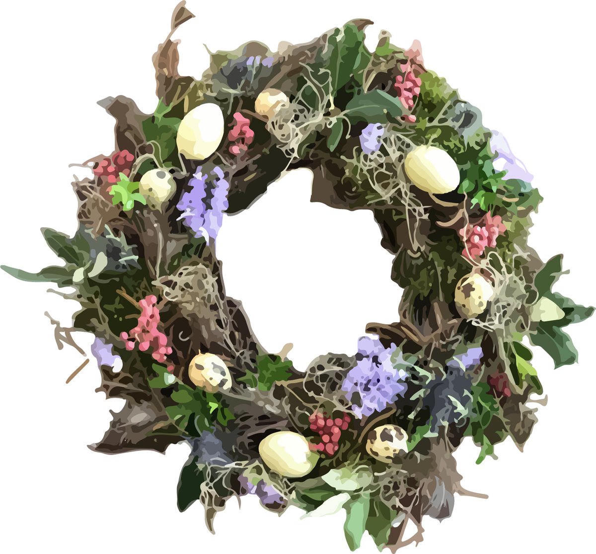 Pasen - Raamsticker - Paaskrans - Paarse bloemen en paaseieren - 3 stuks - 40 cm