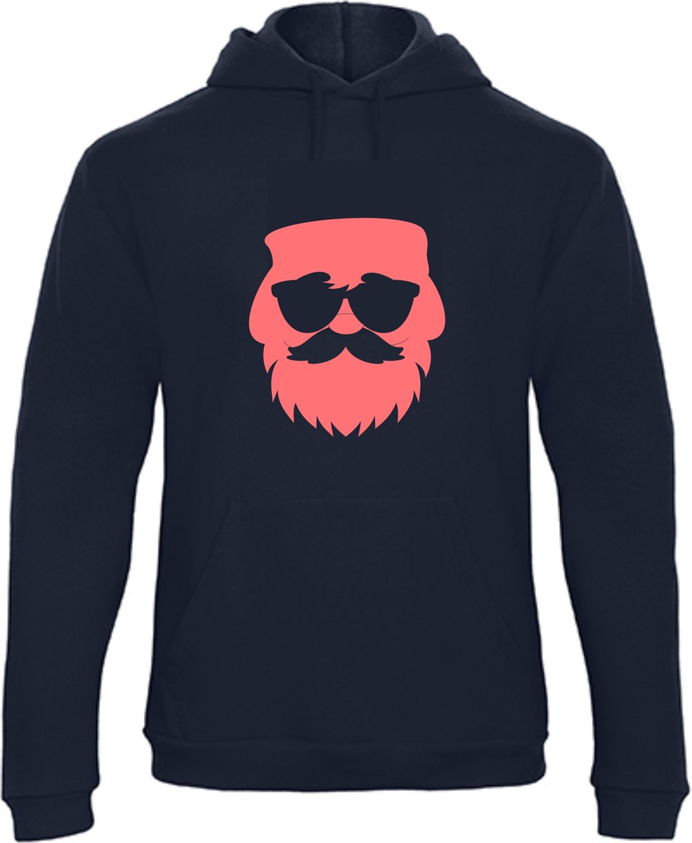Navy Kerst Hoodie Kerstman Santa Neon Rood Large
