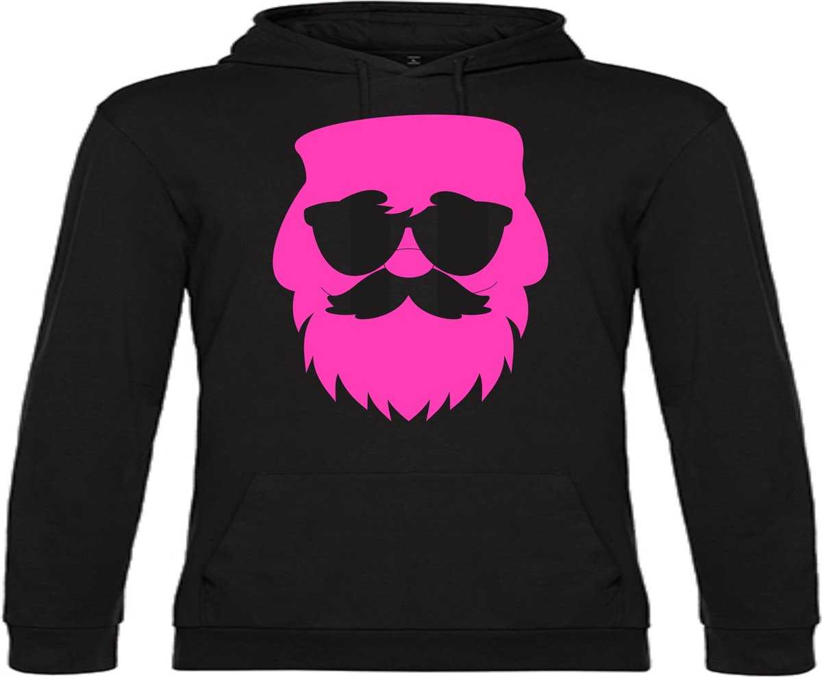Zwarte Kerst Hoodie Kerstman Santa Neon Roze Large