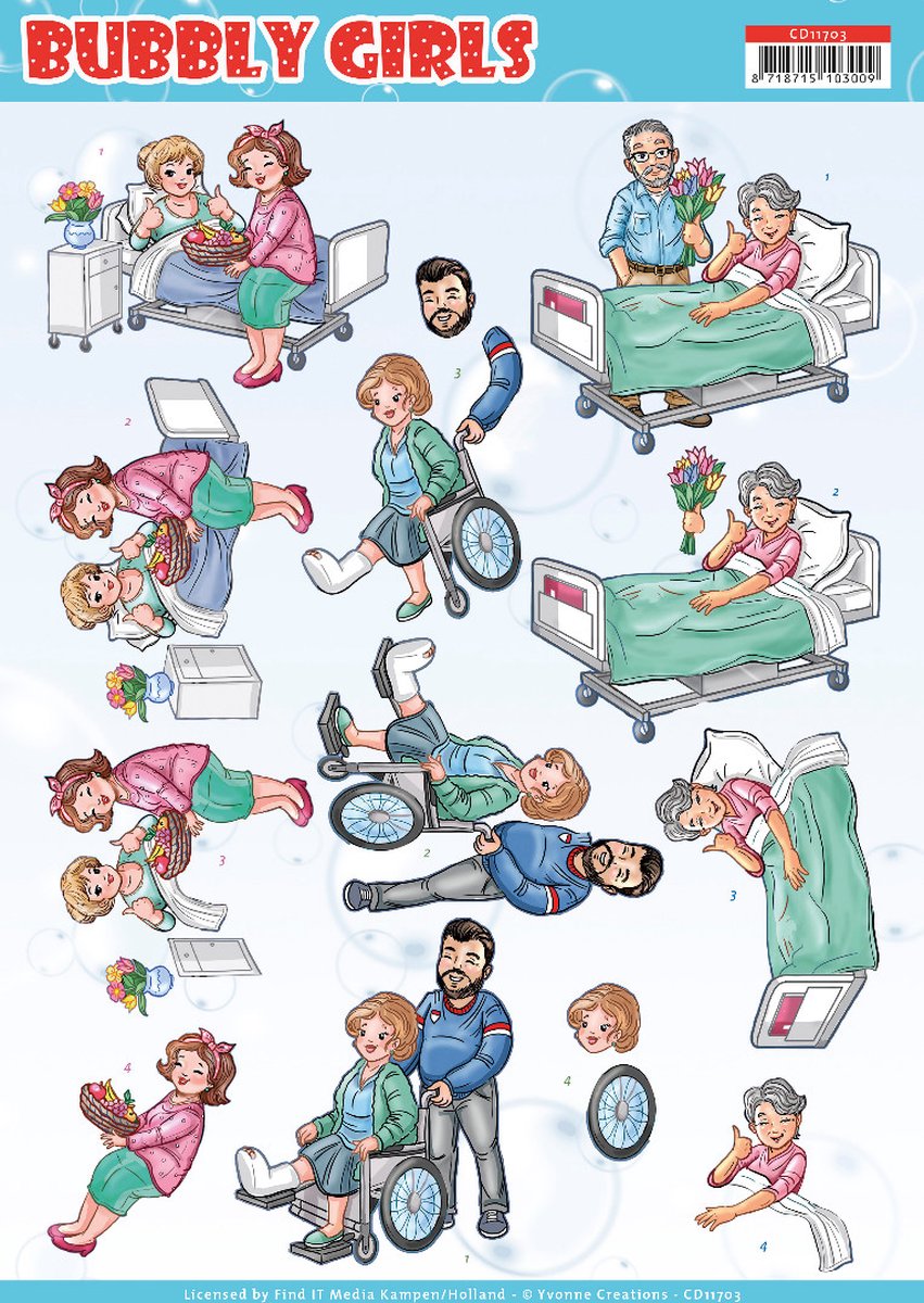 Pakket om 6 3D kaarten te maken met thema: beterschap ( Bubbly girl and men) knipvellen