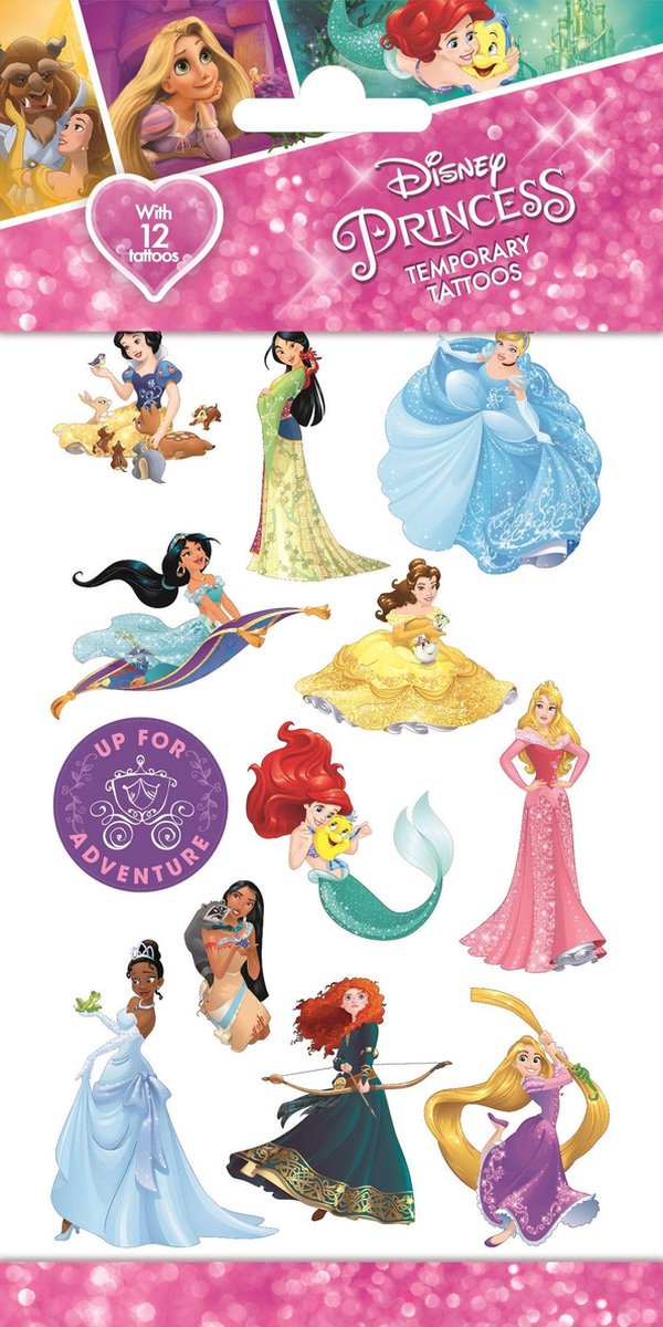 Disney Princess 2 Tattoos - Tijdelijke Tattoo - Body Glitter - Plak Tattoos - Nep Tattoo - Fake Tattoo - Kinderen - 1 Vel met 12 tattoos