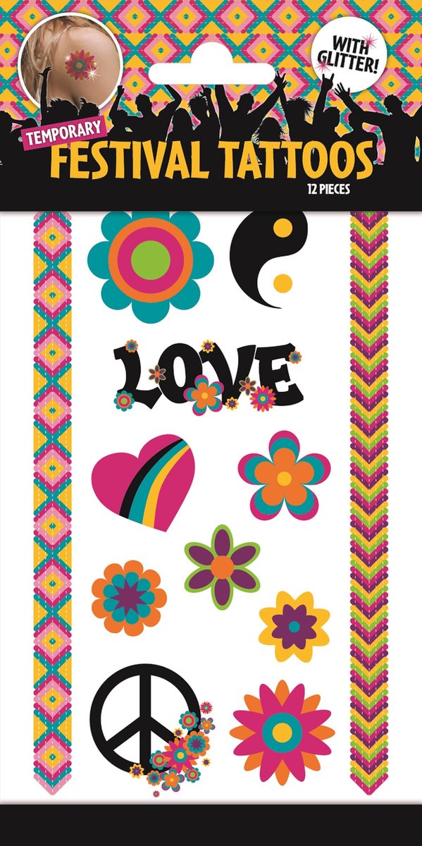 Festival Tattoos met glitter - Tijdelijke Tattoo - Body Glitter - Plak Tattoos - Nep Tattoo - Fake Tattoo - Kinderen en volwassenen - 1 Vel met 12 tattoos