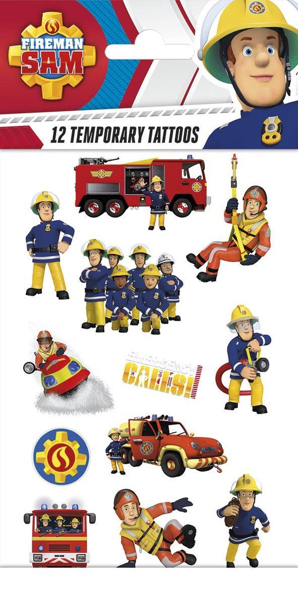 Fireman Sam Tattoos - Tijdelijke Tattoo - Body Glitter - Plak Tattoos - Nep Tattoo - Fake Tattoo - Kinderen - 1 Vel met 12 tattoos