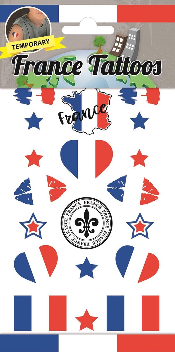 France Tattoos - Tijdelijke Tattoo - Body Glitter - Plak Tattoos - Nep Tattoo - Fake Tattoo - Kinderen en volwassenen - 1 Vel met 12 tattoos