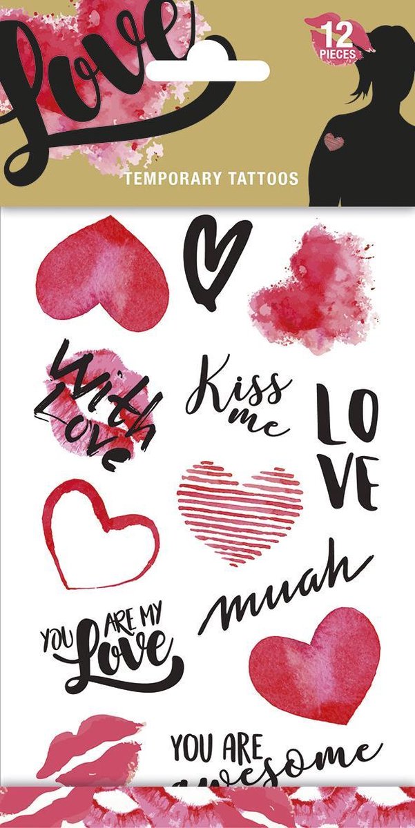 Love Tattoos - Tijdelijke Tattoo - Body Glitter - Plak Tattoos - Nep Tattoo - Fake Tattoo - Kinderen en volwassenen - 1 Vel met 12 tattoos