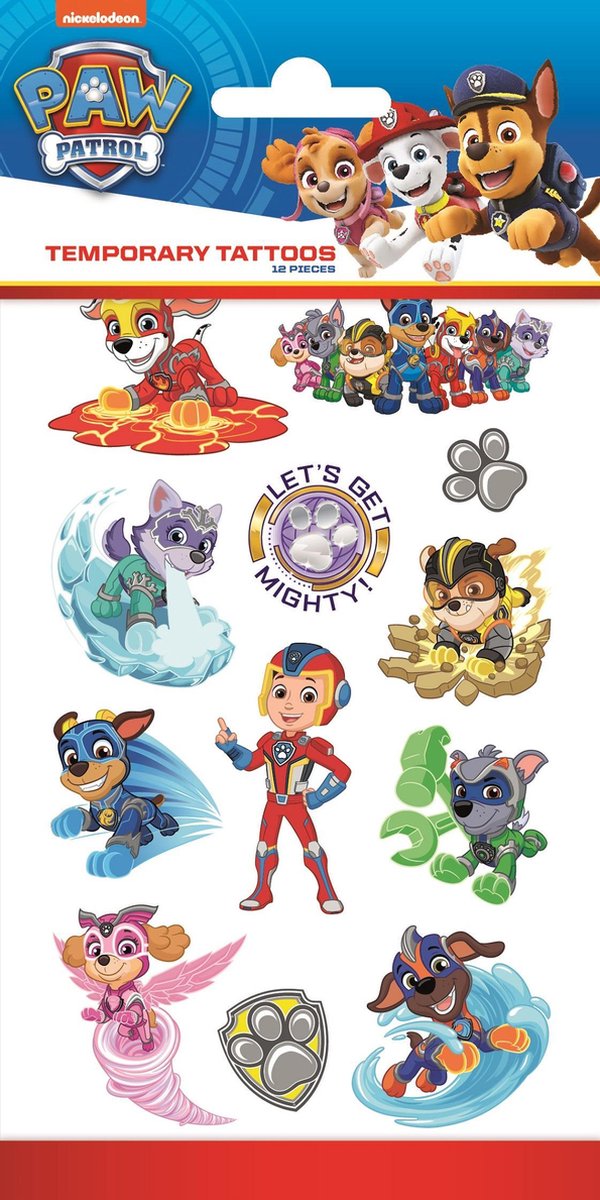 Mighty Pups Paw Patrol Tattoos - Tijdelijke Tattoo - Body Glitter - Plak Tattoos - Nep Tattoo - Fake Tattoo - Kinderen - 1 Vel met 12 tattoos