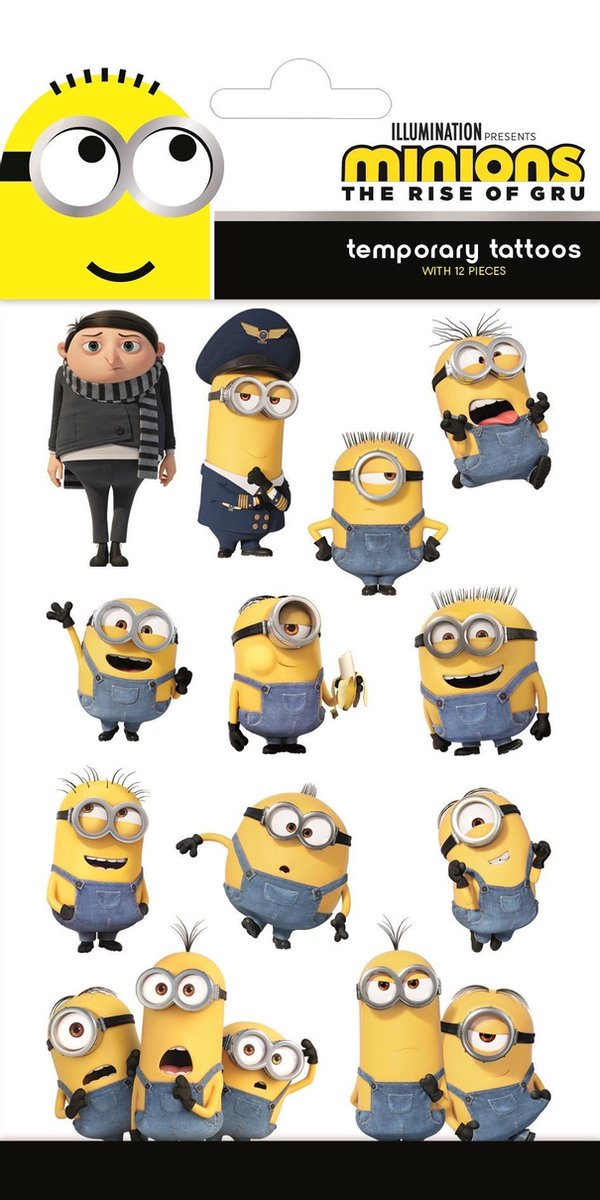 Minions Tattoos - Tijdelijke Tattoo - Body Glitter - Plak Tattoos - Nep Tattoo - Fake Tattoo - Kinderen - 1 Vel met 12 tattoos