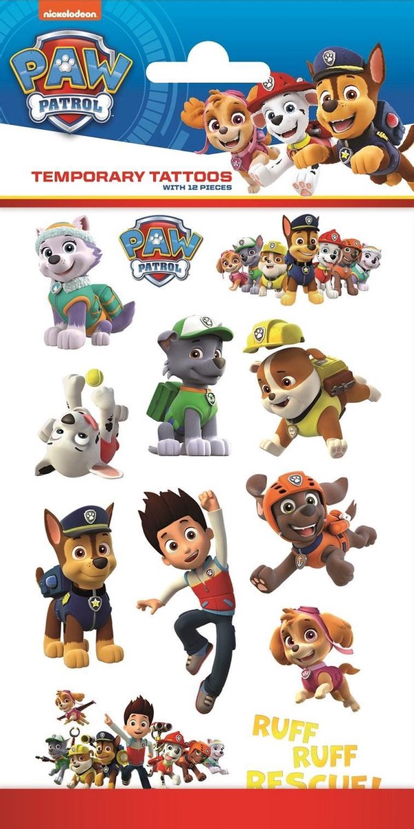 Paw Patrol Tattoos - Tijdelijke Tattoo - Body Glitter - Plak Tattoos - Nep Tattoo - Fake Tattoo - Kinderen - 1 Vel met 12 tattoos