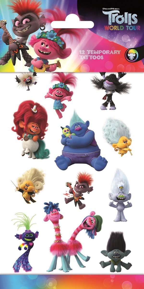 Trolls Tattoos - Tijdelijke Tattoo - Body Glitter - Plak Tattoos - Nep Tattoo - Fake Tattoo - Kinderen - 1 Vel met 12 tattoos
