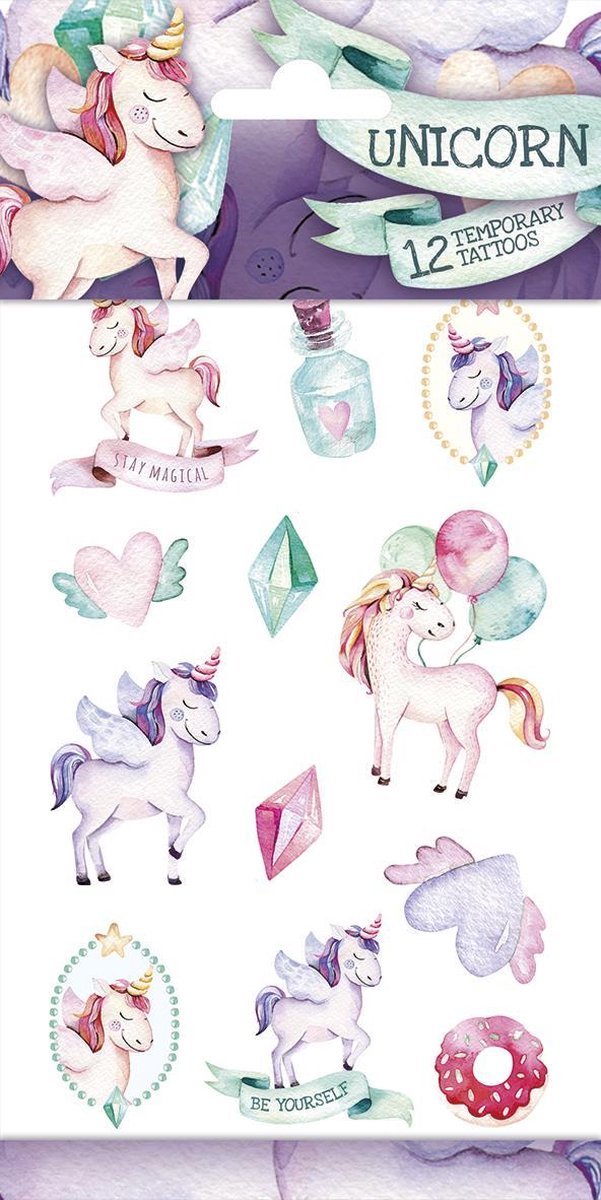 Unicorn 2 Tattoos -Tijdelijke Tattoo - Body Glitter - Plak Tattoos - Nep Tattoo - Fake Tattoo - Kinderen en volwassenen - 1 Vel met 12 tattoos